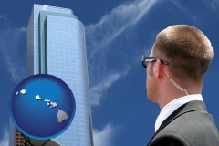 hawaii map icon and security agent watching a downtown area