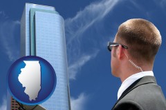 illinois map icon and security agent watching a downtown area