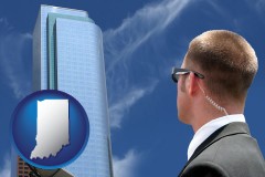 indiana map icon and security agent watching a downtown area