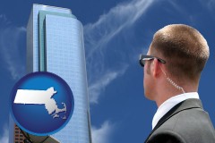 massachusetts map icon and security agent watching a downtown area