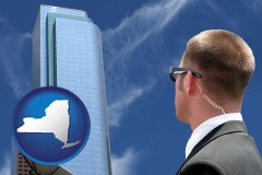 new-york map icon and security agent watching a downtown area