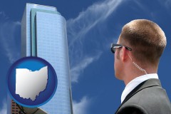 ohio map icon and security agent watching a downtown area