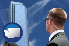 washington map icon and security agent watching a downtown area