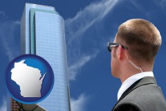 wisconsin map icon and security agent watching a downtown area